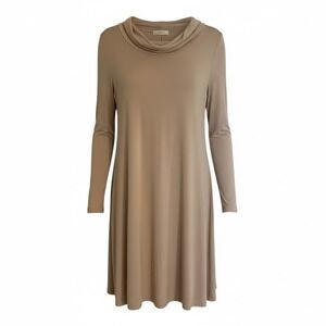 Carapace Cowl Neck Long Sleeve A-Line Dress Beige Size L